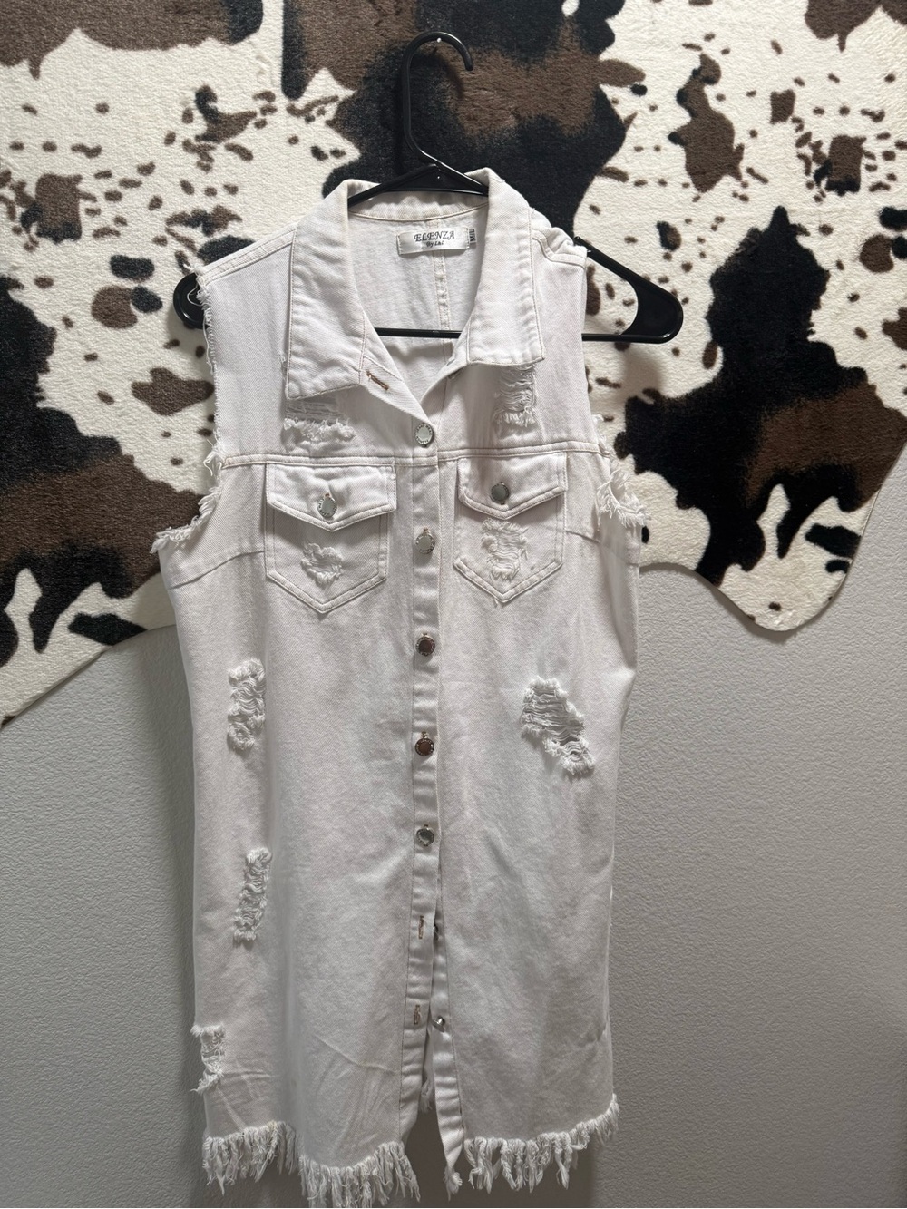 Distressed Sleeveless white Denim Vest Dress - White